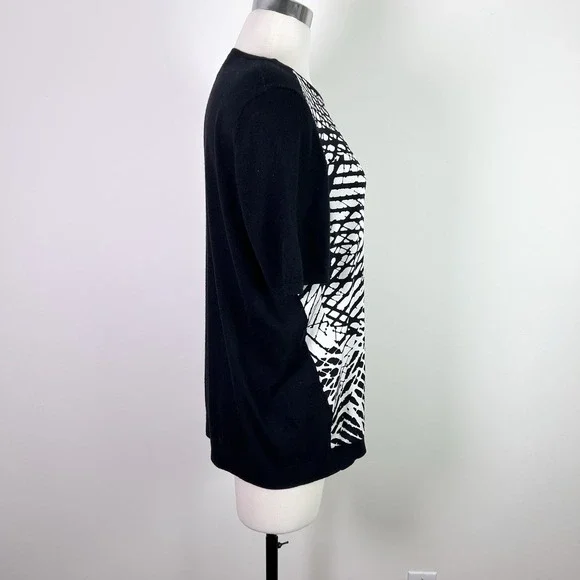 Nordstrom Blouse Top Womens Large Silk Cashmere Sweater Short Sleeve Black White - Picture 6 of 10